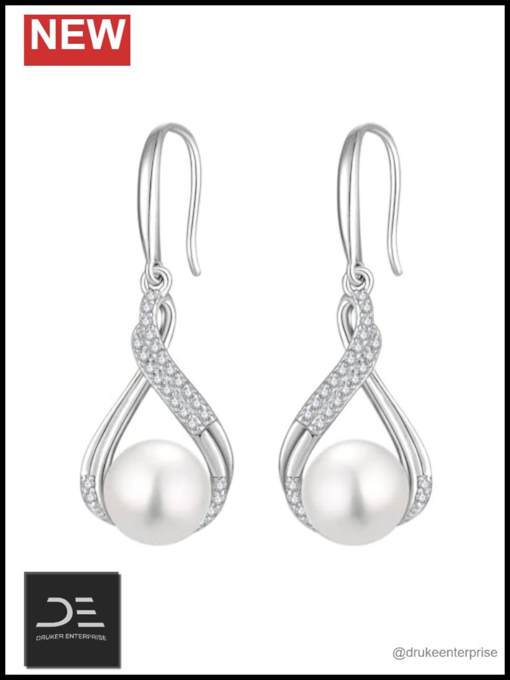 925 Sterling Silver Infinity Pearl Hook Earrings, 9mm Freshwater Pearl Dangle